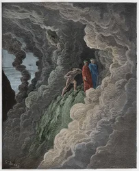 Purgatorio, Gesang 16: Marco Lombardo folgt den Dichtern durch den Rauch, Illustration aus Die Göttliche Komödie von Dante Alighieri, 1885 (digital kolorierte Gravur)